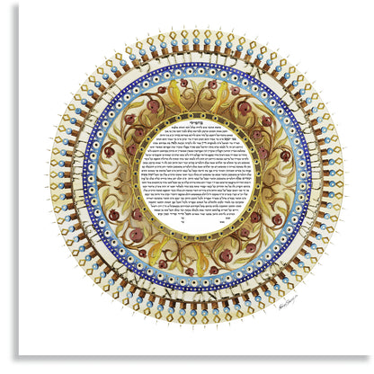 A circular paper cut decoration featuring intricate gold, red, and blue pomegranate vines and accents in white.